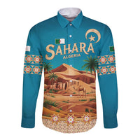 Sahara Algeria Long Sleeve Button Shirt with Desert Camel Landscape and Islamic Motif Design
