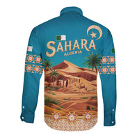 Sahara Algeria Long Sleeve Button Shirt with Desert Camel Landscape and Islamic Motif Design