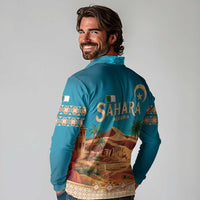 Sahara Algeria Long Sleeve Polo Shirt with Desert Camel Landscape and Islamic Motif Design