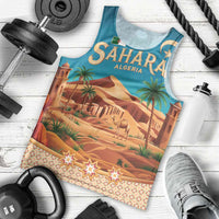 Sahara Algeria Men Tank Top with Desert Camel Landscape and Islamic Motif Design