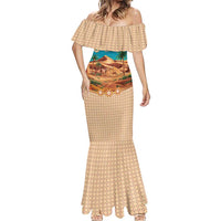 Sahara Algeria Mermaid Dress with Desert Camel Landscape and Islamic Motif Design