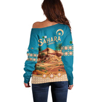 Sahara Algeria Off Shoulder Sweater with Desert Camel Landscape and Islamic Motif Design