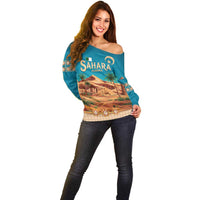 Sahara Algeria Off Shoulder Sweater with Desert Camel Landscape and Islamic Motif Design