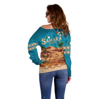 Sahara Algeria Off Shoulder Sweater with Desert Camel Landscape and Islamic Motif Design