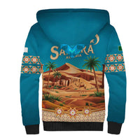 Sahara Algeria Sherpa Hoodie with Desert Camel Landscape and Islamic Motif Design