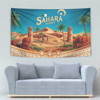 Sahara Algeria Tapestry with Desert Camel Landscape and Islamic Motif Design