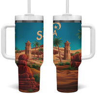 Sahara Algeria Tumbler With Handle with Desert Camel Landscape and Islamic Motif Design