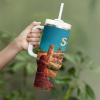 Sahara Algeria Tumbler With Handle with Desert Camel Landscape and Islamic Motif Design