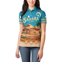 Sahara Algeria Women Polo Shirt with Desert Camel Landscape and Islamic Motif Design
