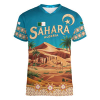Sahara Algeria Women V-Neck T-Shirt with Desert Camel Landscape and Islamic Motif Design