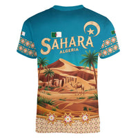 Sahara Algeria Women V-Neck T-Shirt with Desert Camel Landscape and Islamic Motif Design