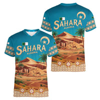 Sahara Algeria Women V-Neck T-Shirt with Desert Camel Landscape and Islamic Motif Design