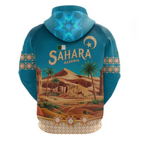 Sahara Algeria Zip Hoodie with Desert Camel Landscape and Islamic Motif Design