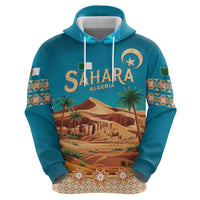 Sahara Algeria Zip Hoodie with Desert Camel Landscape and Islamic Motif Design