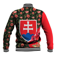 Slovakia Coat of Arms Baseball Jacket with Red Poppy Flowers and Bold Flag Colors Design - Wonder Print Shop