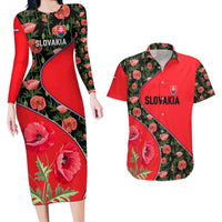 Slovakia Coat of Arms Couples Matching Long Sleeve Bodycon Dress and Hawaiian Shirt with Red Poppy Flowers and Bold Flag Colors Design - Wonder Print Shop