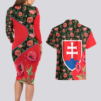 Slovakia Coat of Arms Couples Matching Long Sleeve Bodycon Dress and Hawaiian Shirt with Red Poppy Flowers and Bold Flag Colors Design - Wonder Print Shop