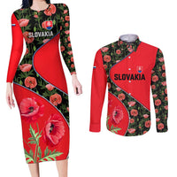 Slovakia Coat of Arms Couples Matching Long Sleeve Bodycon Dress and Long Sleeve Button Shirt with Red Poppy Flowers and Bold Flag Colors Design - Wonder Print Shop