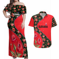 Slovakia Coat of Arms Couples Matching Off Shoulder Maxi Dress and Hawaiian Shirt with Red Poppy Flowers and Bold Flag Colors Design - Wonder Print Shop