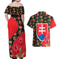 Slovakia Coat of Arms Couples Matching Off Shoulder Maxi Dress and Hawaiian Shirt with Red Poppy Flowers and Bold Flag Colors Design - Wonder Print Shop