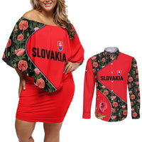 Slovakia Coat of Arms Couples Matching Off Shoulder Short Dress and Long Sleeve Button Shirt with Red Poppy Flowers and Bold Flag Colors Design - Wonder Print Shop