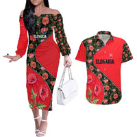 Slovakia Coat of Arms Couples Matching Off The Shoulder Long Sleeve Dress and Hawaiian Shirt with Red Poppy Flowers and Bold Flag Colors Design - Wonder Print Shop