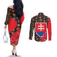 Slovakia Coat of Arms Couples Matching Off The Shoulder Long Sleeve Dress and Long Sleeve Button Shirt with Red Poppy Flowers and Bold Flag Colors Design - Wonder Print Shop