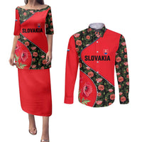 Slovakia Coat of Arms Couples Matching Puletasi and Long Sleeve Button Shirt with Red Poppy Flowers and Bold Flag Colors Design - Wonder Print Shop