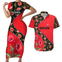 Slovakia Coat of Arms Couples Matching Short Sleeve Bodycon Dress and Hawaiian Shirt with Red Poppy Flowers and Bold Flag Colors Design - Wonder Print Shop