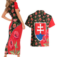 Slovakia Coat of Arms Couples Matching Short Sleeve Bodycon Dress and Hawaiian Shirt with Red Poppy Flowers and Bold Flag Colors Design - Wonder Print Shop