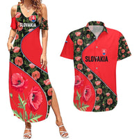 Slovakia Coat of Arms Couples Matching Summer Maxi Dress and Hawaiian Shirt with Red Poppy Flowers and Bold Flag Colors Design - Wonder Print Shop