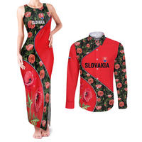 Slovakia Coat of Arms Couples Matching Tank Maxi Dress and Long Sleeve Button Shirt with Red Poppy Flowers and Bold Flag Colors Design - Wonder Print Shop