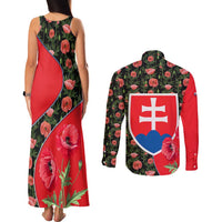 Slovakia Coat of Arms Couples Matching Tank Maxi Dress and Long Sleeve Button Shirt with Red Poppy Flowers and Bold Flag Colors Design - Wonder Print Shop
