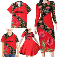 Slovakia Coat of Arms Family Matching Long Sleeve Bodycon Dress and Hawaiian Shirt with Red Poppy Flowers and Bold Flag Colors Design - Wonder Print Shop