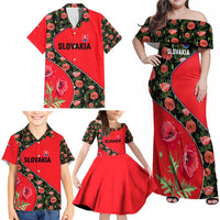 Slovakia Coat of Arms Family Matching Off Shoulder Maxi Dress and Hawaiian Shirt with Red Poppy Flowers and Bold Flag Colors Design - Wonder Print Shop