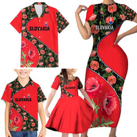 Slovakia Coat of Arms Family Matching Short Sleeve Bodycon Dress and Hawaiian Shirt with Red Poppy Flowers and Bold Flag Colors Design - Wonder Print Shop