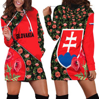 Slovakia Coat of Arms Hoodie Dress with Red Poppy Flowers and Bold Flag Colors Design - Wonder Print Shop