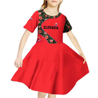 Slovakia Coat of Arms Kid Short Sleeve Dress with Red Poppy Flowers and Bold Flag Colors Design - Wonder Print Shop