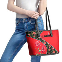Slovakia Coat of Arms Leather Tote Bag with Red Poppy Flowers and Bold Flag Colors Design - Wonder Print Shop