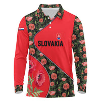 Slovakia Coat of Arms Long Sleeve Polo Shirt with Red Poppy Flowers and Bold Flag Colors Design - Wonder Print Shop