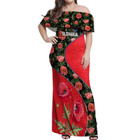Slovakia Coat of Arms Off Shoulder Maxi Dress with Red Poppy Flowers and Bold Flag Colors Design - Wonder Print Shop