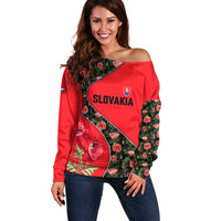 Slovakia Coat of Arms Off Shoulder Sweater with Red Poppy Flowers and Bold Flag Colors Design - Wonder Print Shop