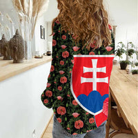 Slovakia Coat of Arms Women Casual Shirt with Red Poppy Flowers and Bold Flag Colors Design - Wonder Print Shop