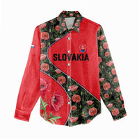 Slovakia Coat of Arms Women Casual Shirt with Red Poppy Flowers and Bold Flag Colors Design - Wonder Print Shop
