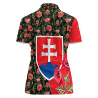 Slovakia Coat of Arms Women Polo Shirt with Red Poppy Flowers and Bold Flag Colors Design - Wonder Print Shop