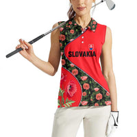 Slovakia Coat of Arms Women Sleeveless Polo Shirt with Red Poppy Flowers and Bold Flag Colors Design - Wonder Print Shop
