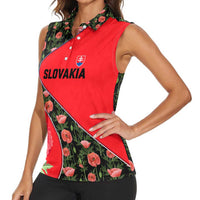 Slovakia Coat of Arms Women Sleeveless Polo Shirt with Red Poppy Flowers and Bold Flag Colors Design - Wonder Print Shop
