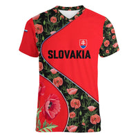 Slovakia Coat of Arms Women V-Neck T-Shirt with Red Poppy Flowers and Bold Flag Colors Design - Wonder Print Shop