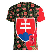 Slovakia Coat of Arms Women V-Neck T-Shirt with Red Poppy Flowers and Bold Flag Colors Design - Wonder Print Shop