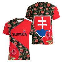 Slovakia Coat of Arms Women V-Neck T-Shirt with Red Poppy Flowers and Bold Flag Colors Design - Wonder Print Shop